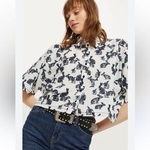 Topshop White Rabbit Print cropped boxy blouse size large